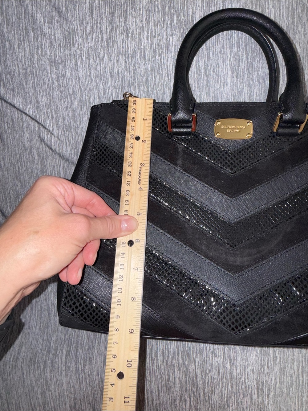 Michael Kors Black Saffiano and Suede Leather Chevron-Texture Satchel - Picture 5 of 11